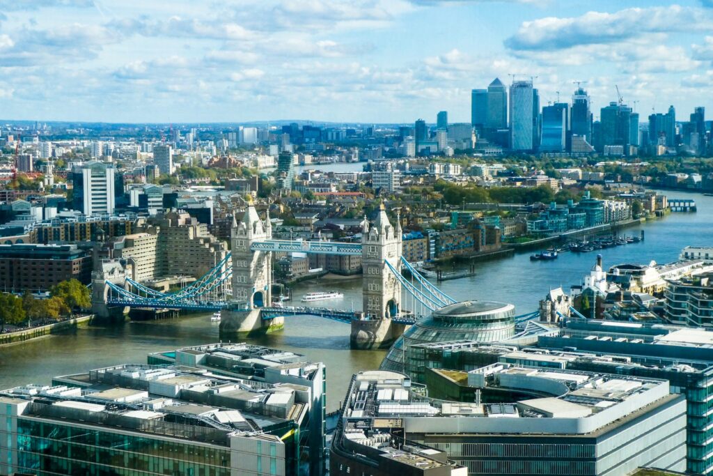 Aerial view of London and the Tower Bridge